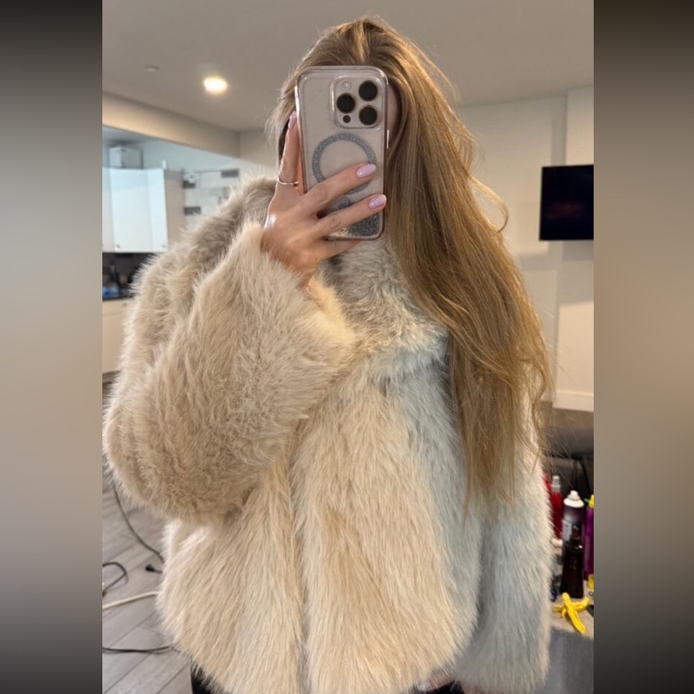 LAST 4❤️ Glam faux fur coat vintage style jacket cropped oversized black - Picture 12 of 13
